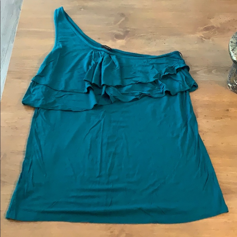 Ann Taylor Teal One Shoulder Ruffle Tank Top